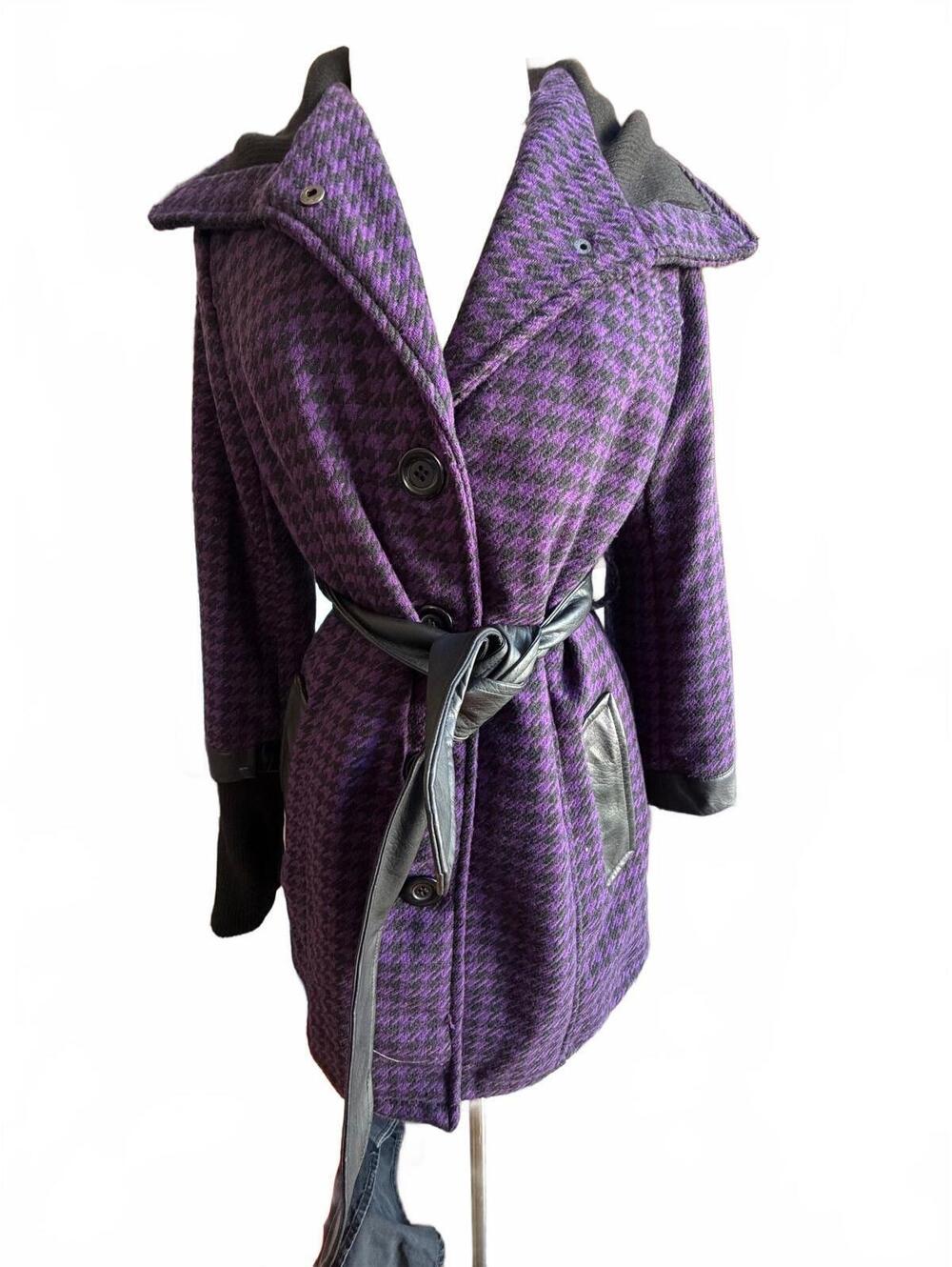 Yoki Purple Black Houndstooth Wool Blend Belted Coat Large